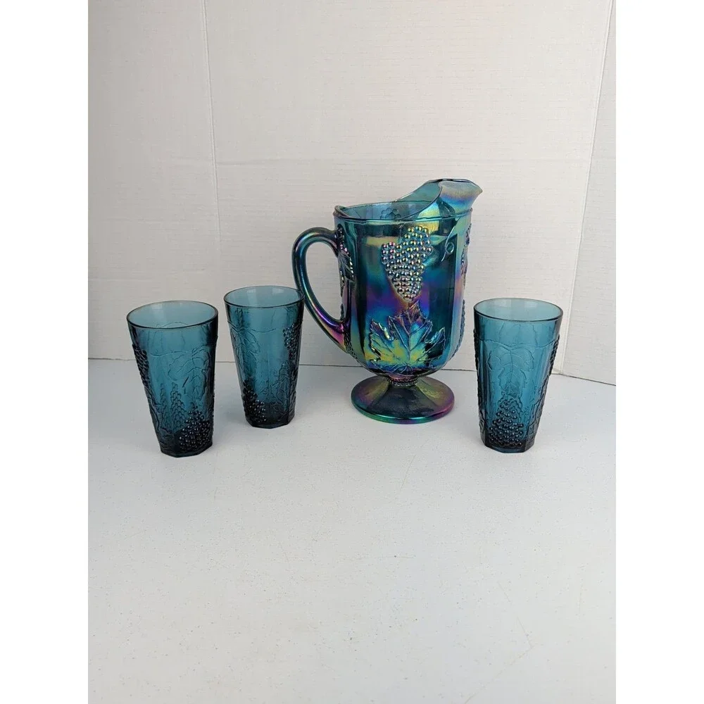 Blue Carnival Glass Harvest Grape Iridescent Pitcher & Tumblers Set 4 Piece Vtg